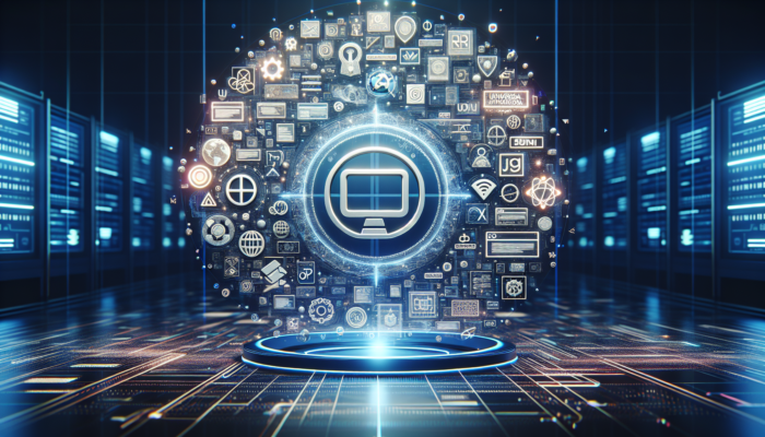 A vibrant digital interface with a guidebook, Google My Business logo, and floating keywords in a neon-lit workspace.