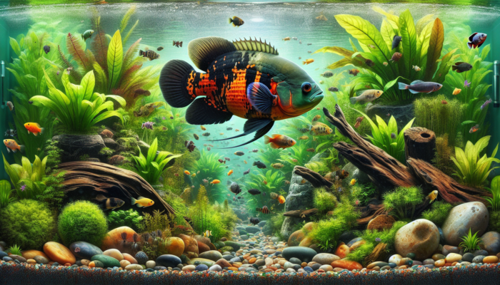 A vibrant aquarium featuring an Oscar fish, lush plants, colourful rocks, and pristine water.