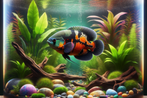 A vibrant aquarium showcasing a healthy Oscar fish, lush plants, and colourful decorations.