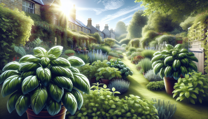 Easy Herbs for Home Gardens: A lush UK garden with thriving basil, mint, and parsley plants basking in sunlight.