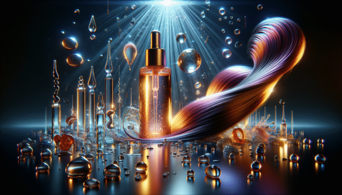 Vibrant hair serum bottle with hyaluronic acid, glycerin, and oils, showcasing hydrated, frizz-free hair strands.
