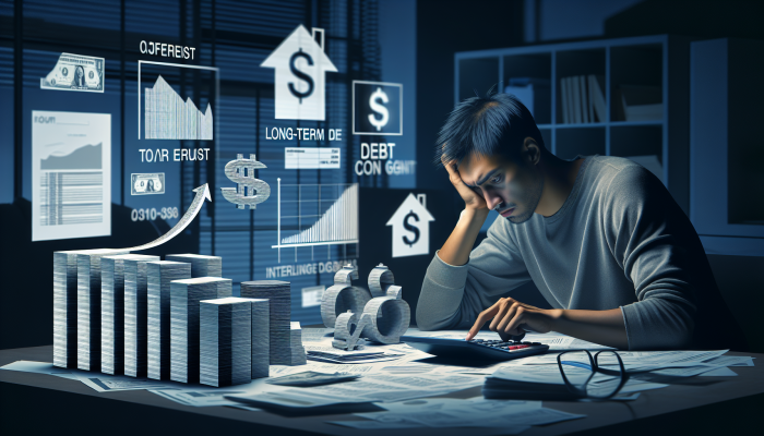 Target: United Kingdom | DCL Person calculating interest on debt consolidation loan, surrounded by financial documents and graphs showing accrual over time.