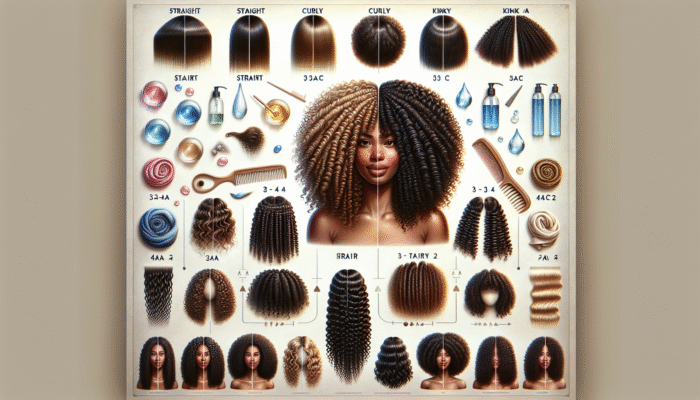 Chart showing hair type classifications from straight to kinky, with subsections and care tips.