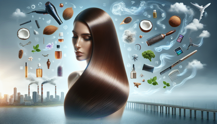 Woman showcasing her repaired and shiny hair, nourished with coconut and argan oil, resilient against environmental stressors and styling tools.