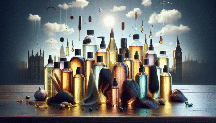 Various bottles of hair oils on a wooden table, labelled with benefits for different hair types, set against a backdrop reflecting UK weather.