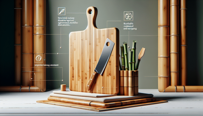 A robust hardwood and bamboo cutting board resisting knife marks and warping, advocating for kitchen sustainability.