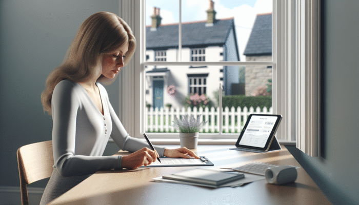 Individual executing Lasting Power of Attorney at desk, UK home visible through window, representing remote property management.