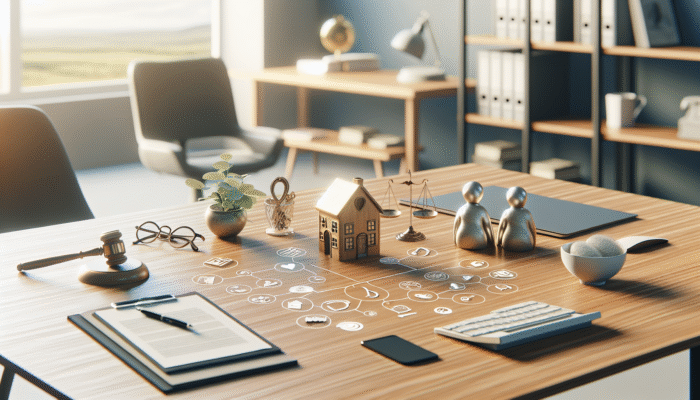 A desk displaying "Lasting Power of Attorney" documents, symbols of property management and elder care.