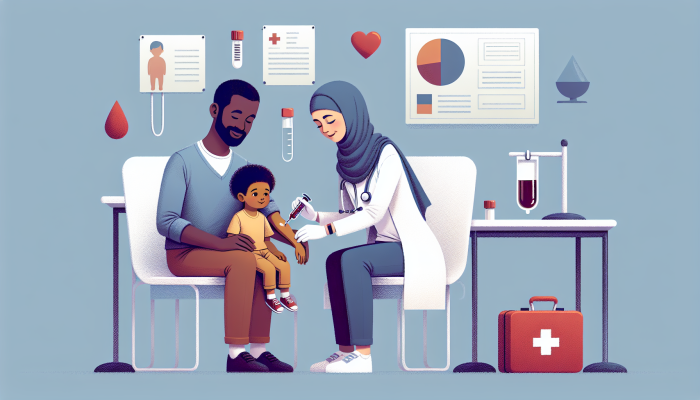 Child Blood Test Preparation: A young child receiving a blood test in a paediatric clinic, comforted by a parent and assisted by a friendly nurse.