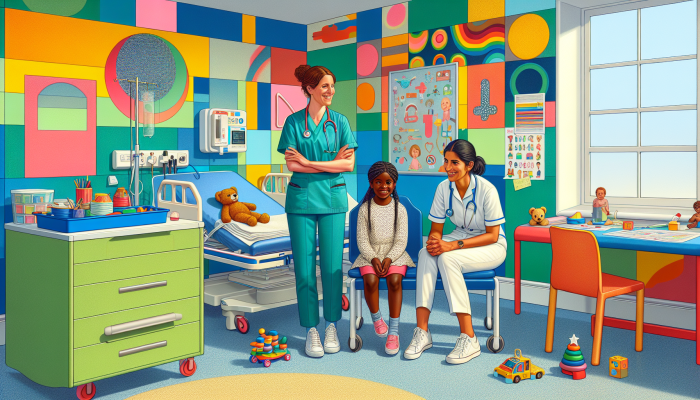 A child-friendly NHS blood testing room filled with colourful decor, toys, and supportive staff.